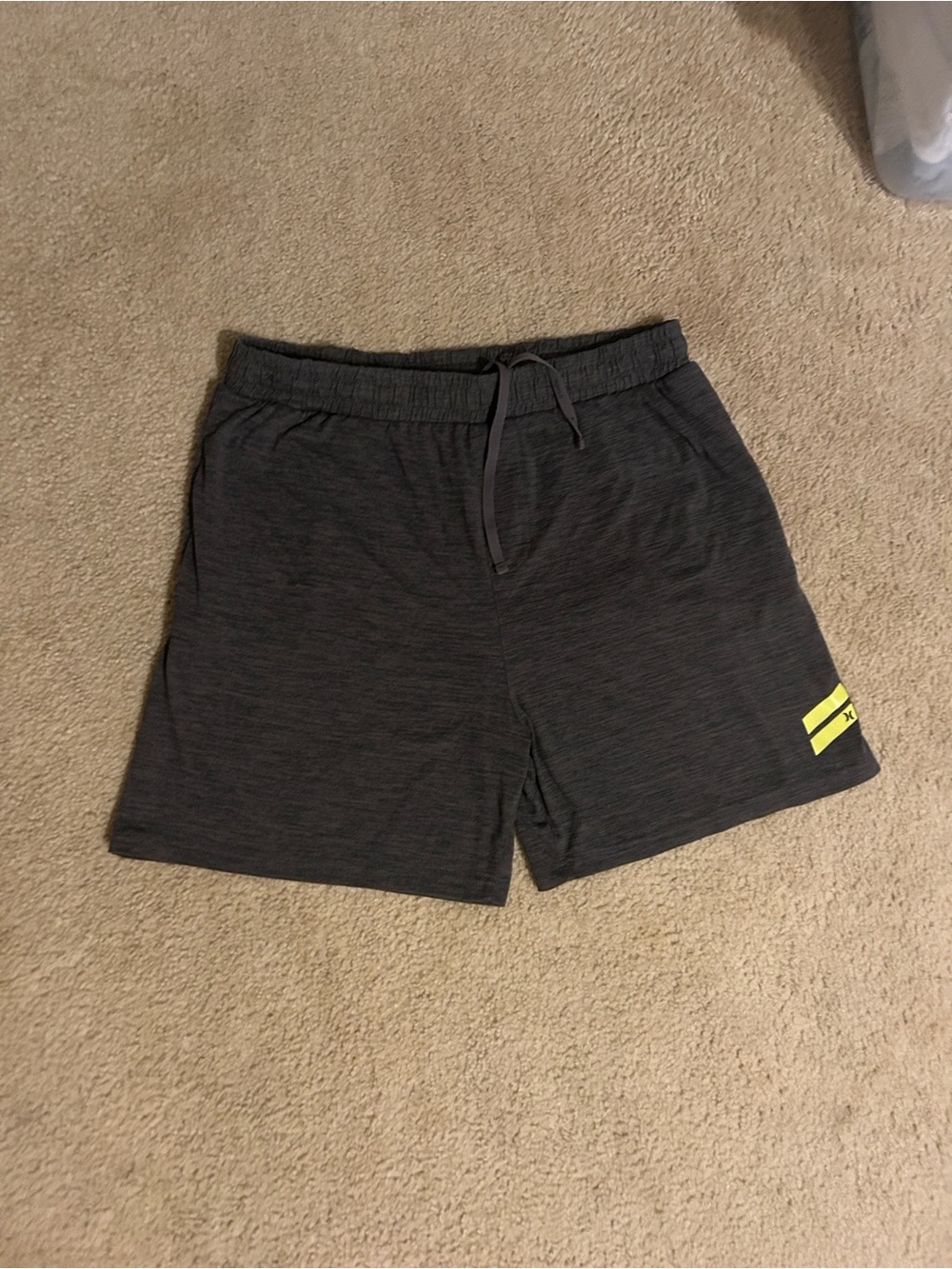 Hurley Men's Charcoal Athletic Shorts with Neon Yellow Accent